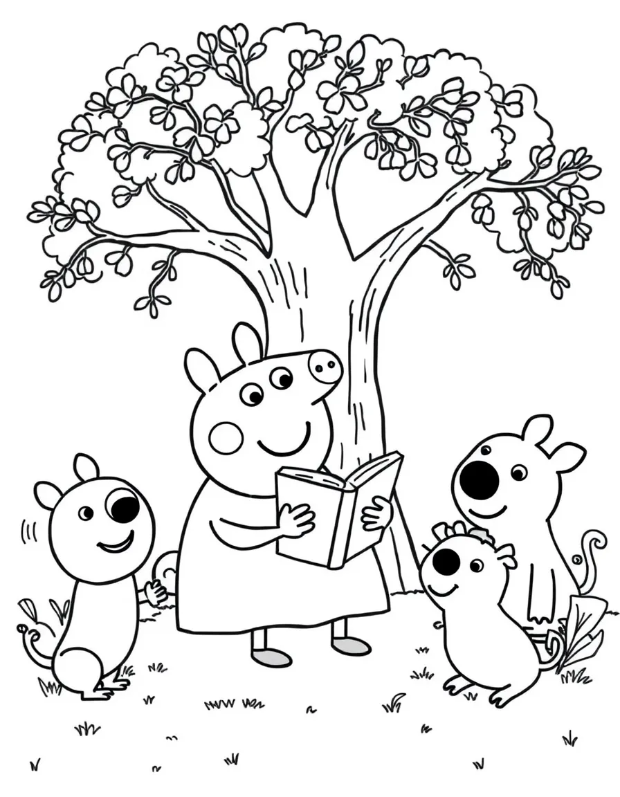 Peppa Pig reading a book under a tree, surrounded by friendly animals.