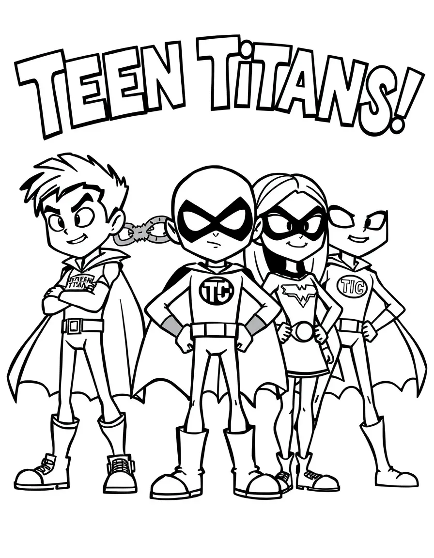 Teen Titans wearing a superhero costume, with big bold outlines for easy coloring.