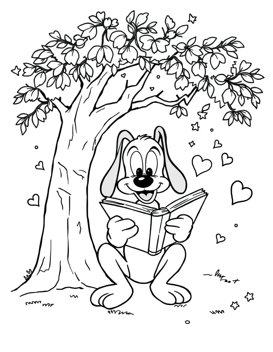 Pluto reading a book under a tree, with hearts and sparkles around.