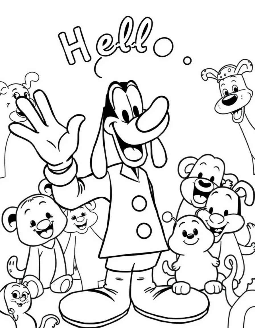 Goofy waving hello, surrounded by friendly animals.