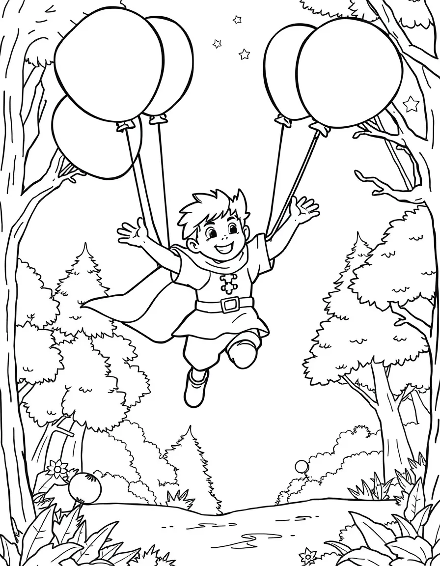 Arthur flying with balloons, in a magical forest setting.