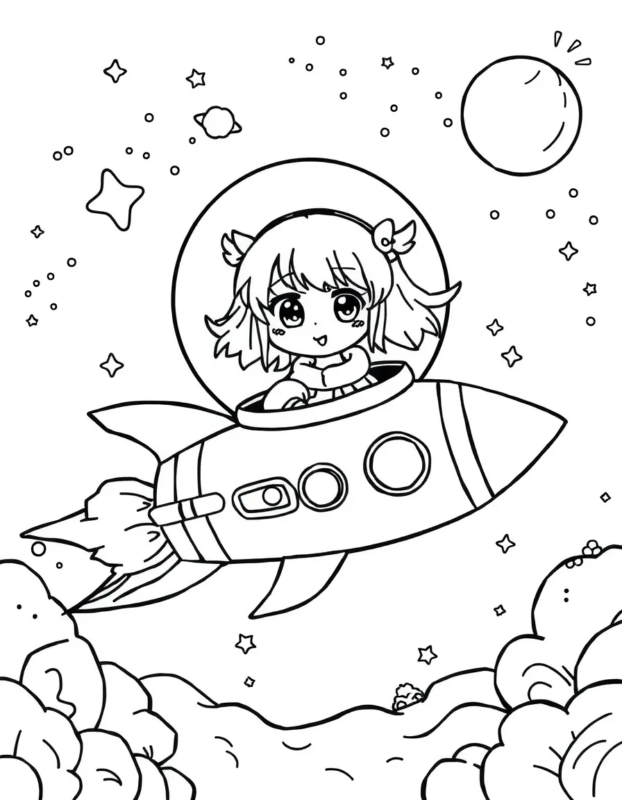 Sakura exploring space in a rocket, with fun background elements.