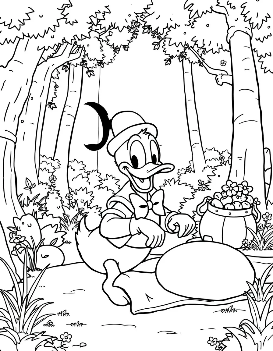 Donald Duck having a picnic, in a magical forest setting.