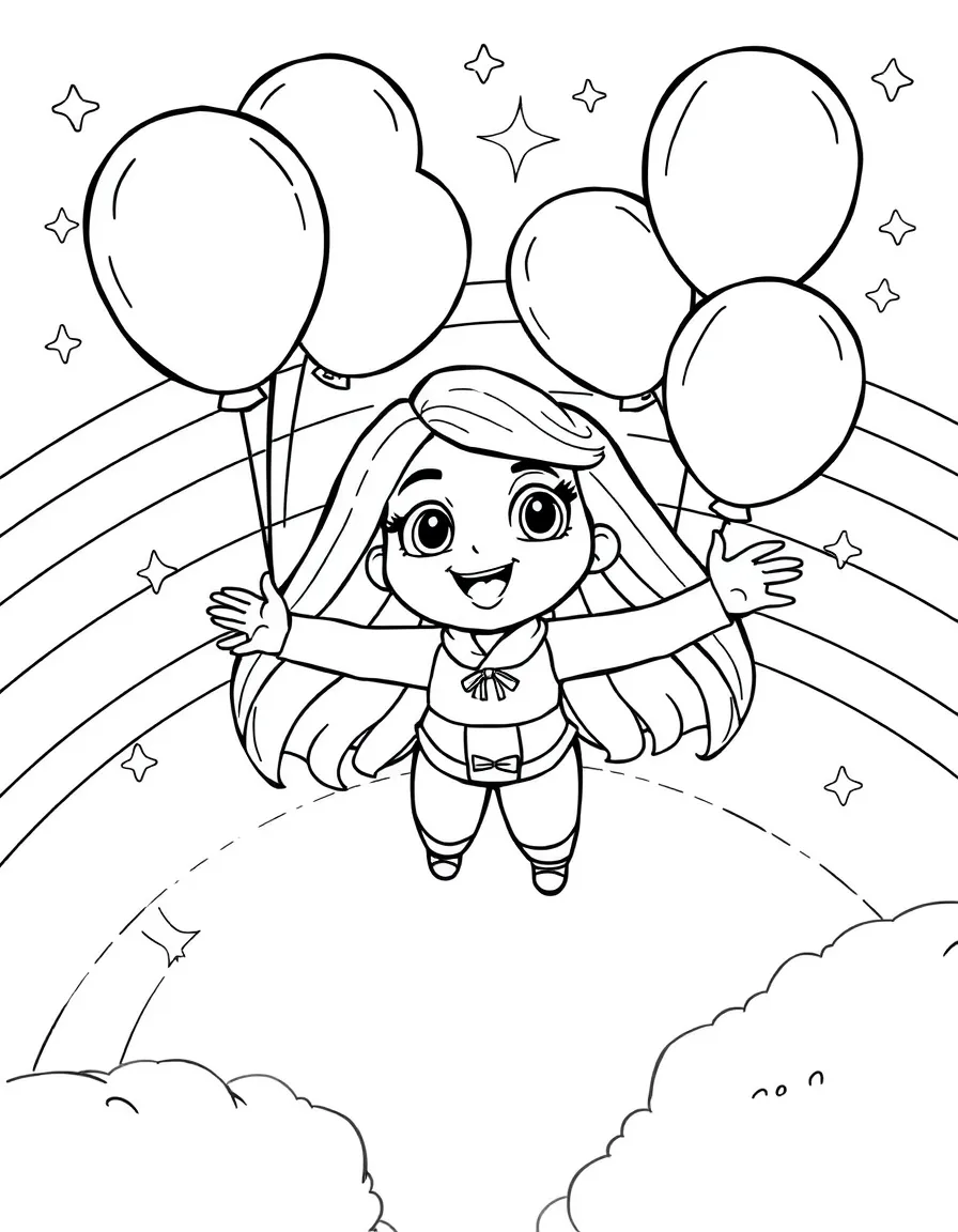 Kim Possible flying with balloons, with stars and rainbows in the background.