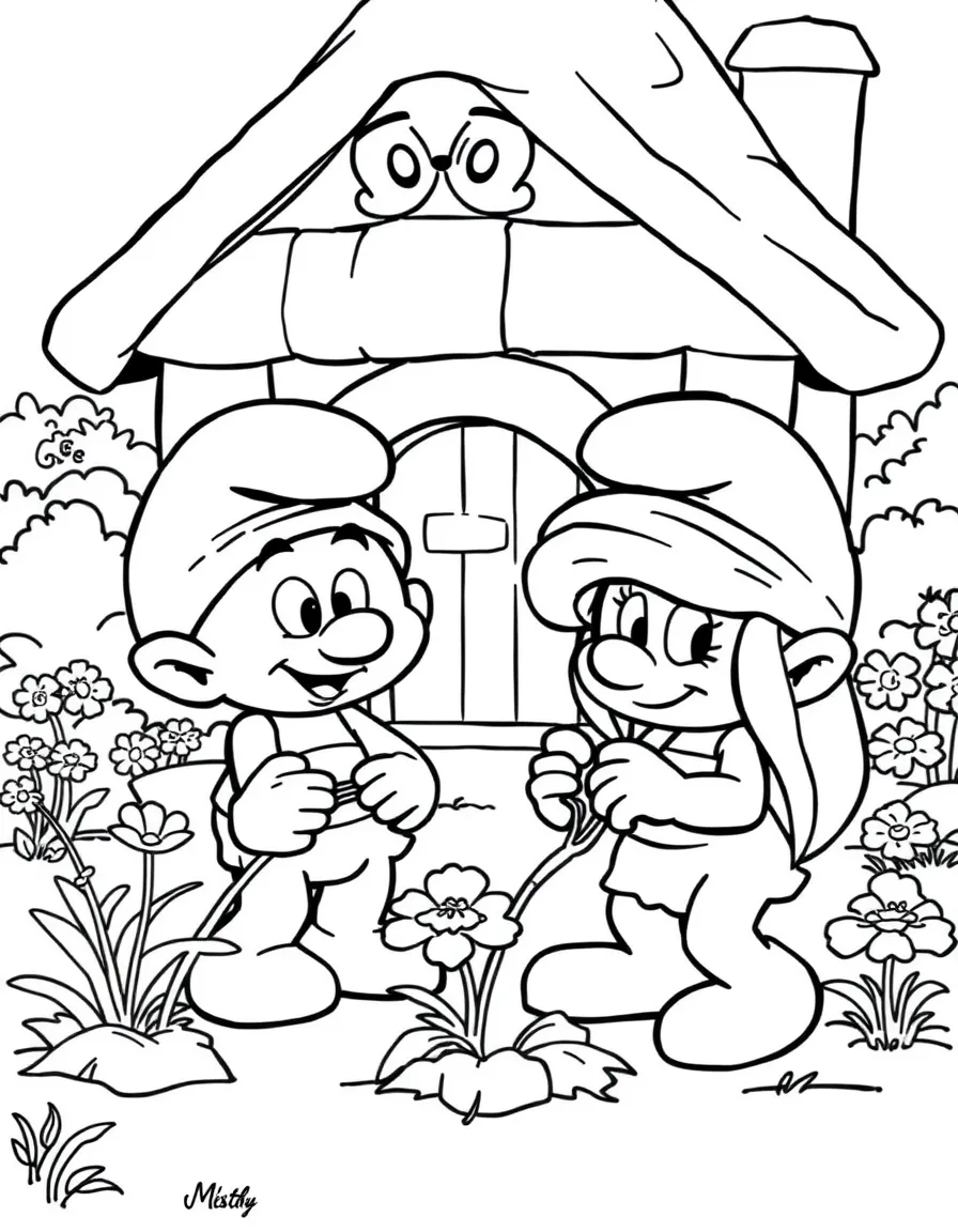 The Smurfs gardening, in front of their famous house or scene.