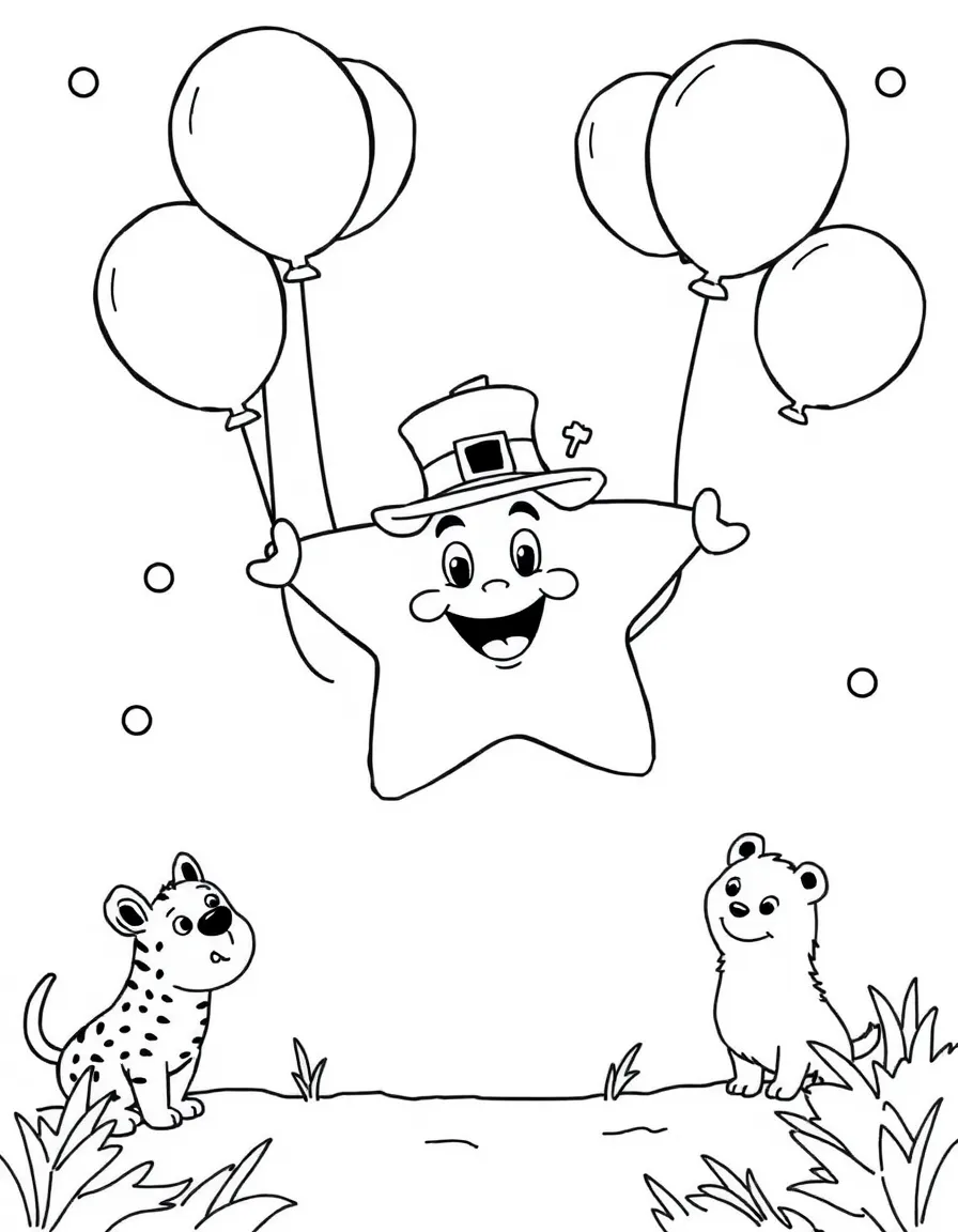 Patrick Star flying with balloons, surrounded by friendly animals.