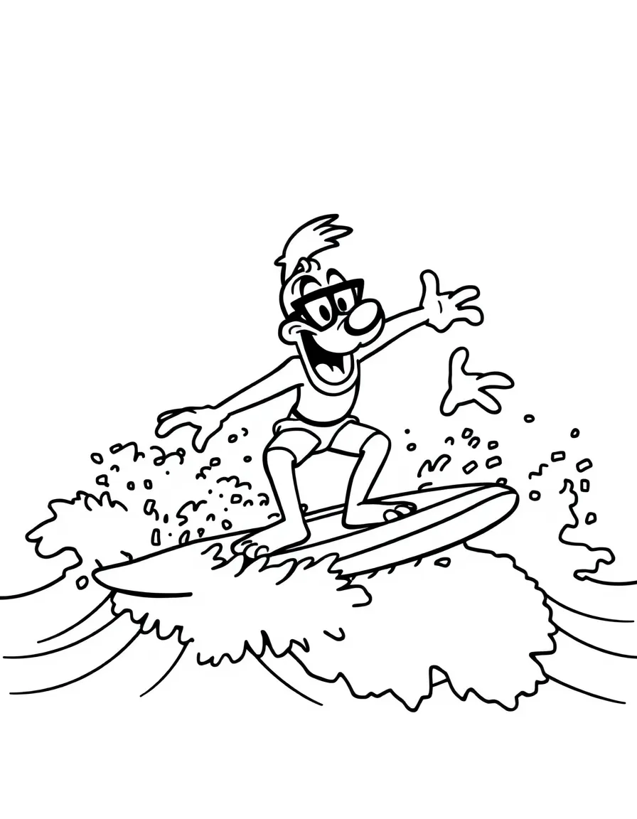 Goofy surfing on waves, with big bold outlines for easy coloring.