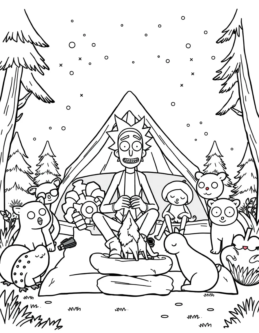 Rick and Morty camping with friends, surrounded by friendly animals.
