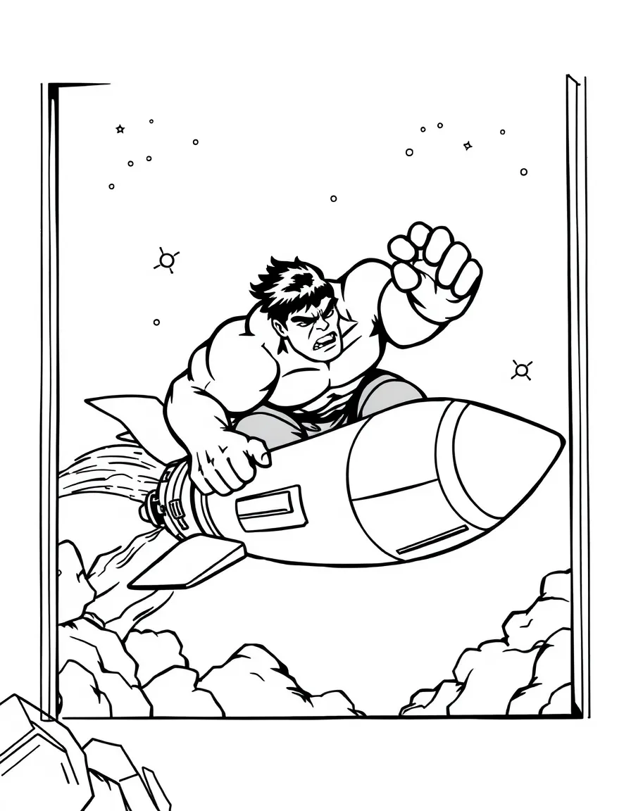 Hulk exploring space in a rocket, inside a comic book frame.