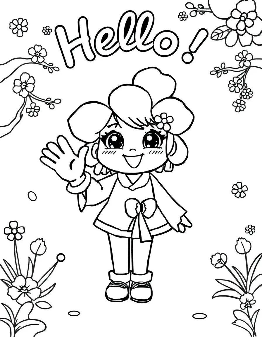Sakura waving hello, with fun background elements.