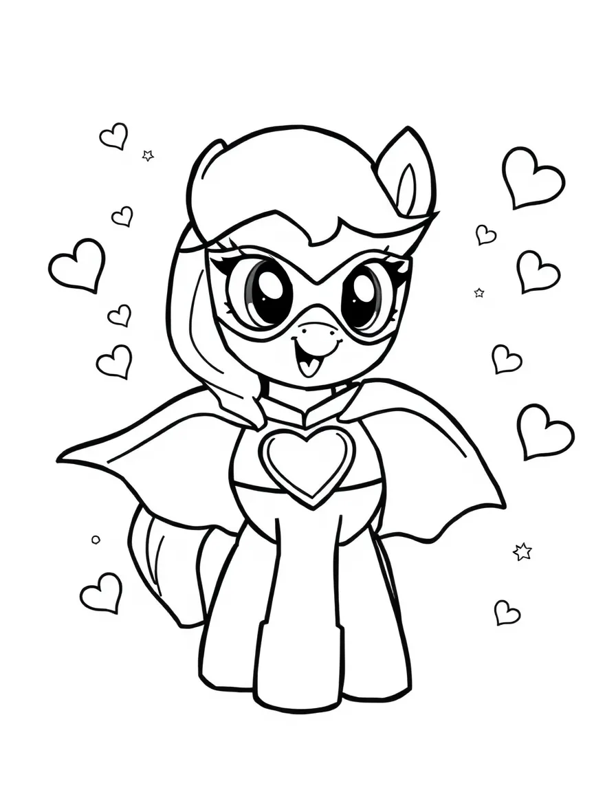 My Little Pony wearing a superhero costume, with hearts and sparkles around.