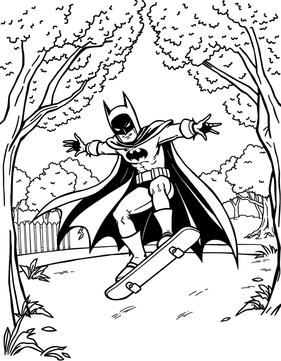 Batman: The Animated Series skateboarding in the park, inside a comic book frame.