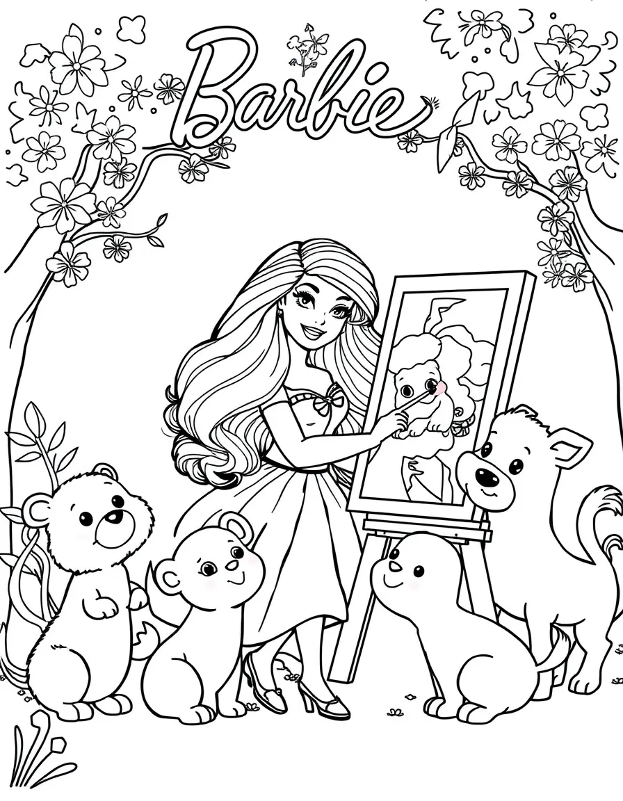 Barbie painting a picture, surrounded by friendly animals.