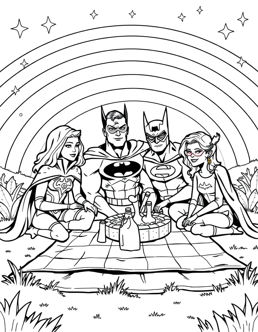 Justice League having a picnic, with stars and rainbows in the background.