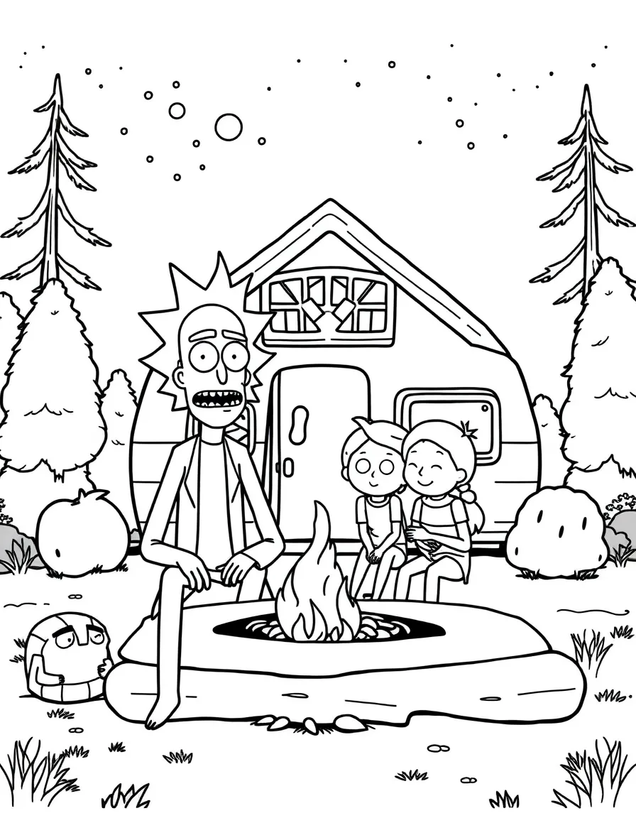 Rick and Morty camping with friends, in front of their famous house or scene.