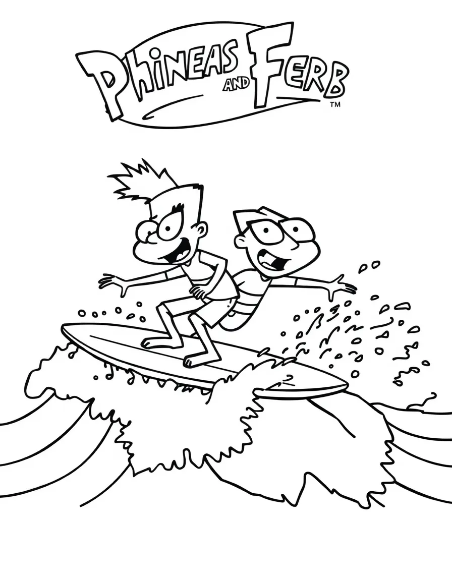 Phineas and Ferb surfing on waves, with big bold outlines for easy coloring.