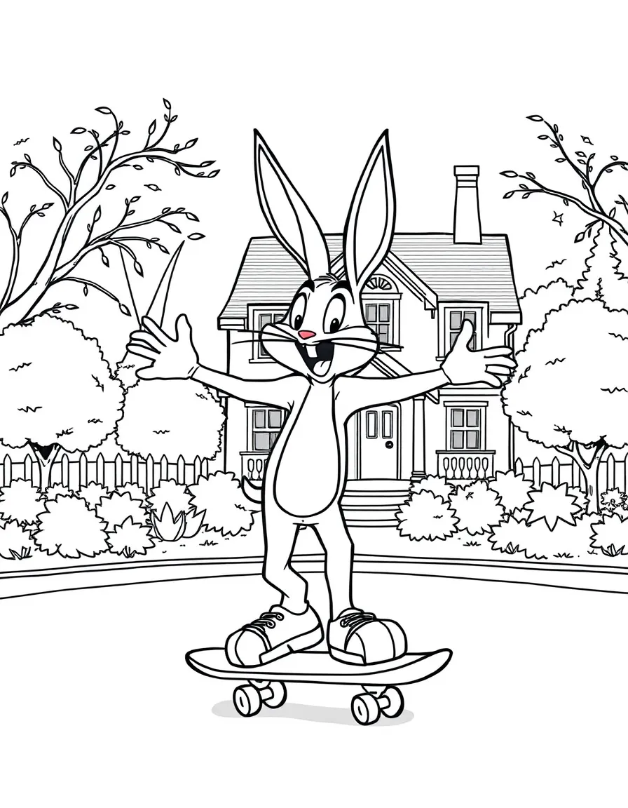 Bugs Bunny skateboarding in the park, in front of their famous house or scene.