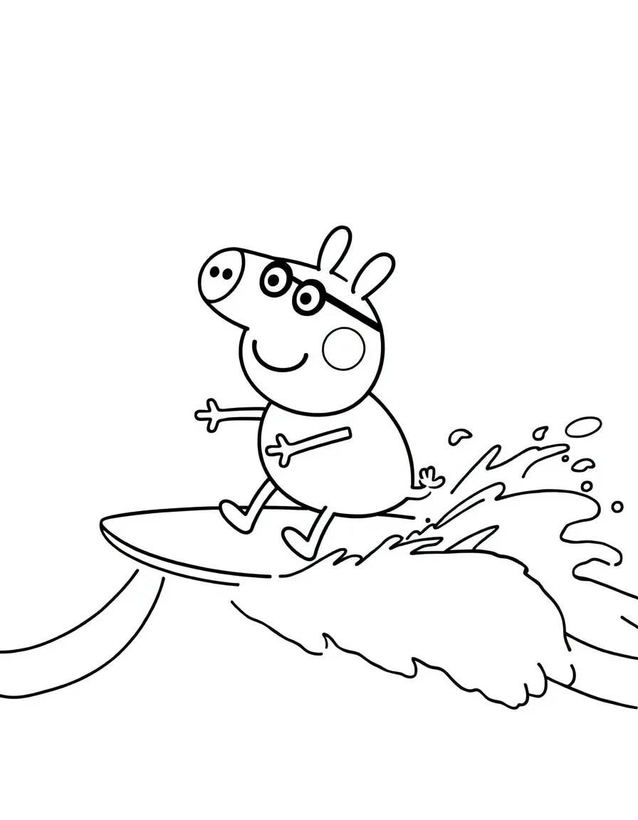 Peppa Pig surfing on waves, with big bold outlines for easy coloring.