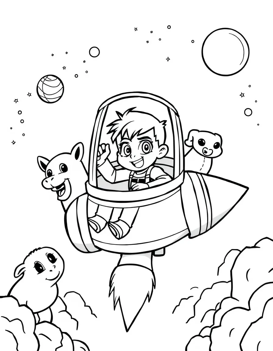 Ben 10 exploring space in a rocket, surrounded by friendly animals.