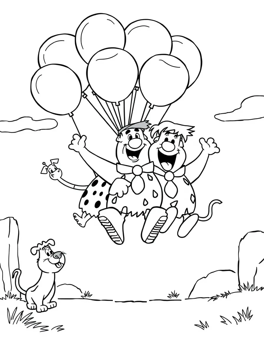 The Flintstones flying with balloons, surrounded by friendly animals.