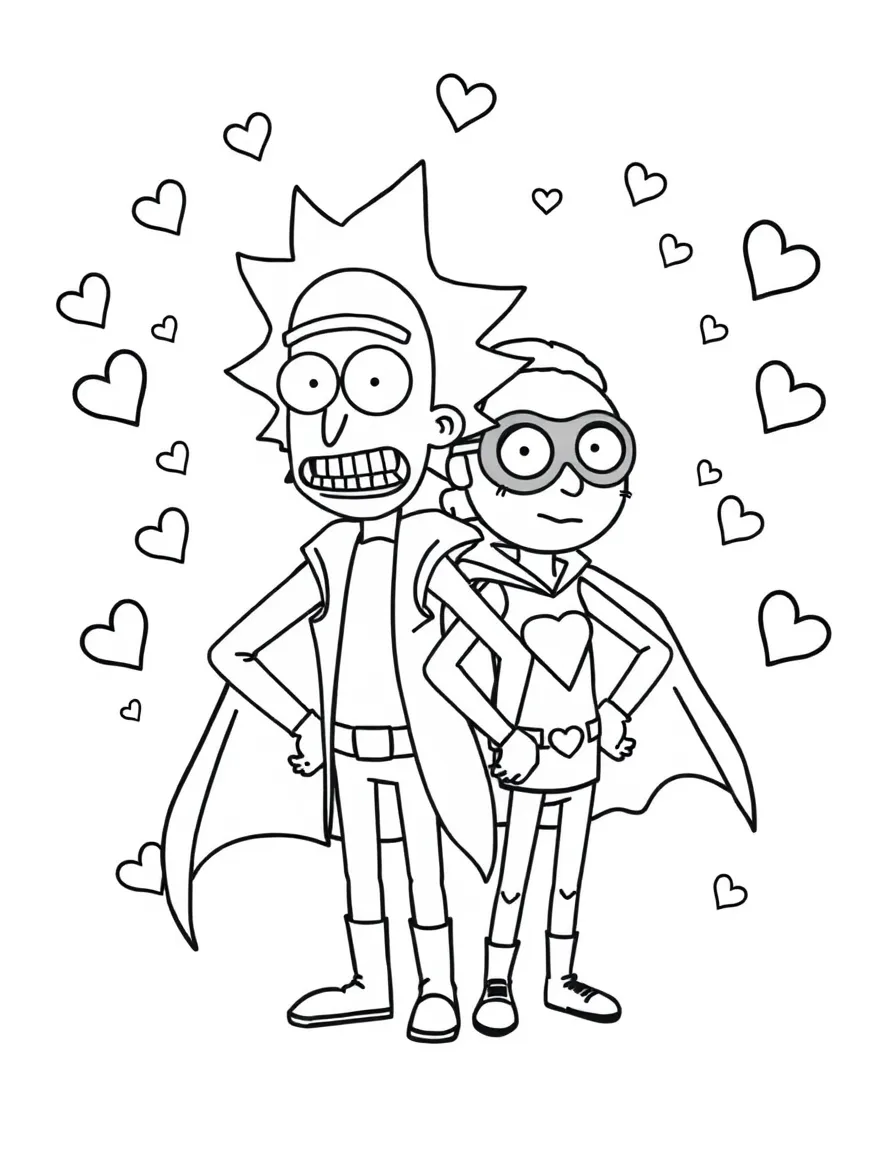 Rick and Morty wearing a superhero costume, with hearts and sparkles around.