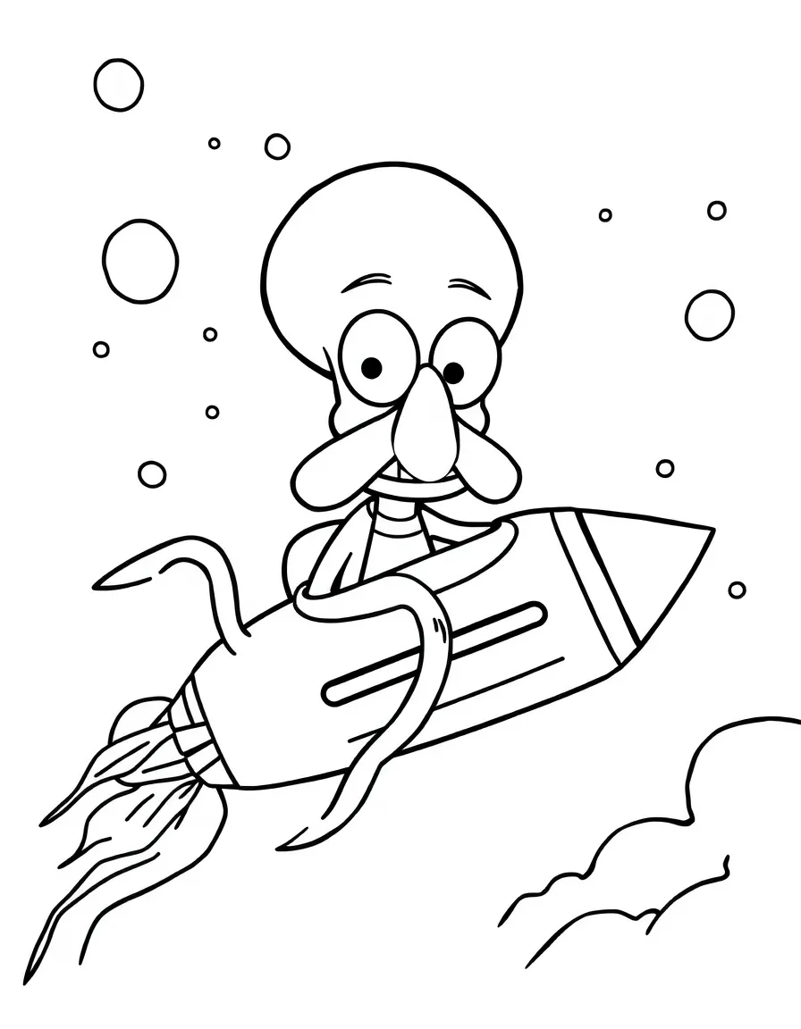 Squidward Tentacles exploring space in a rocket, with big bold outlines for easy coloring.