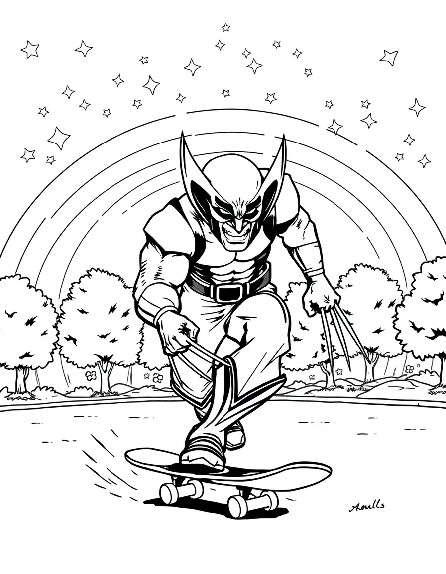 Wolverine skateboarding in the park, with stars and rainbows in the background.