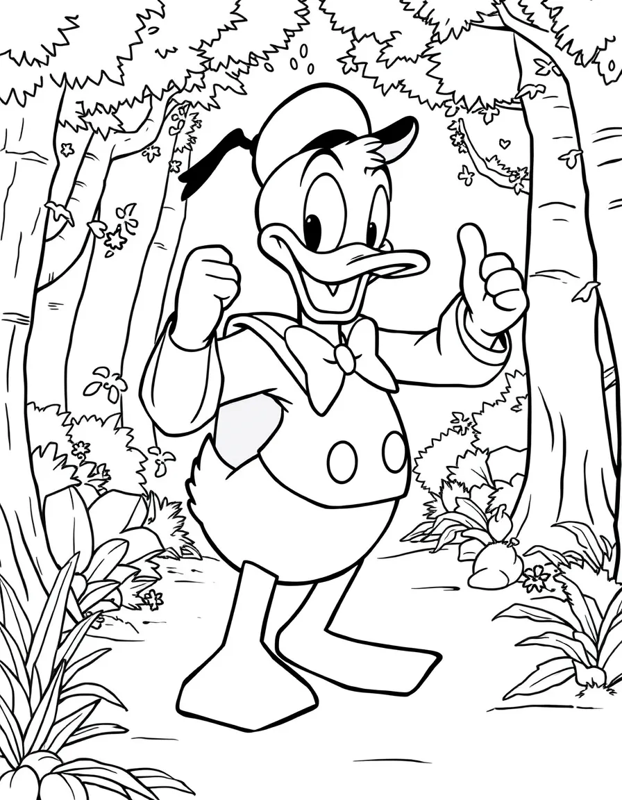 Donald Duck posing heroically, in a magical forest setting.