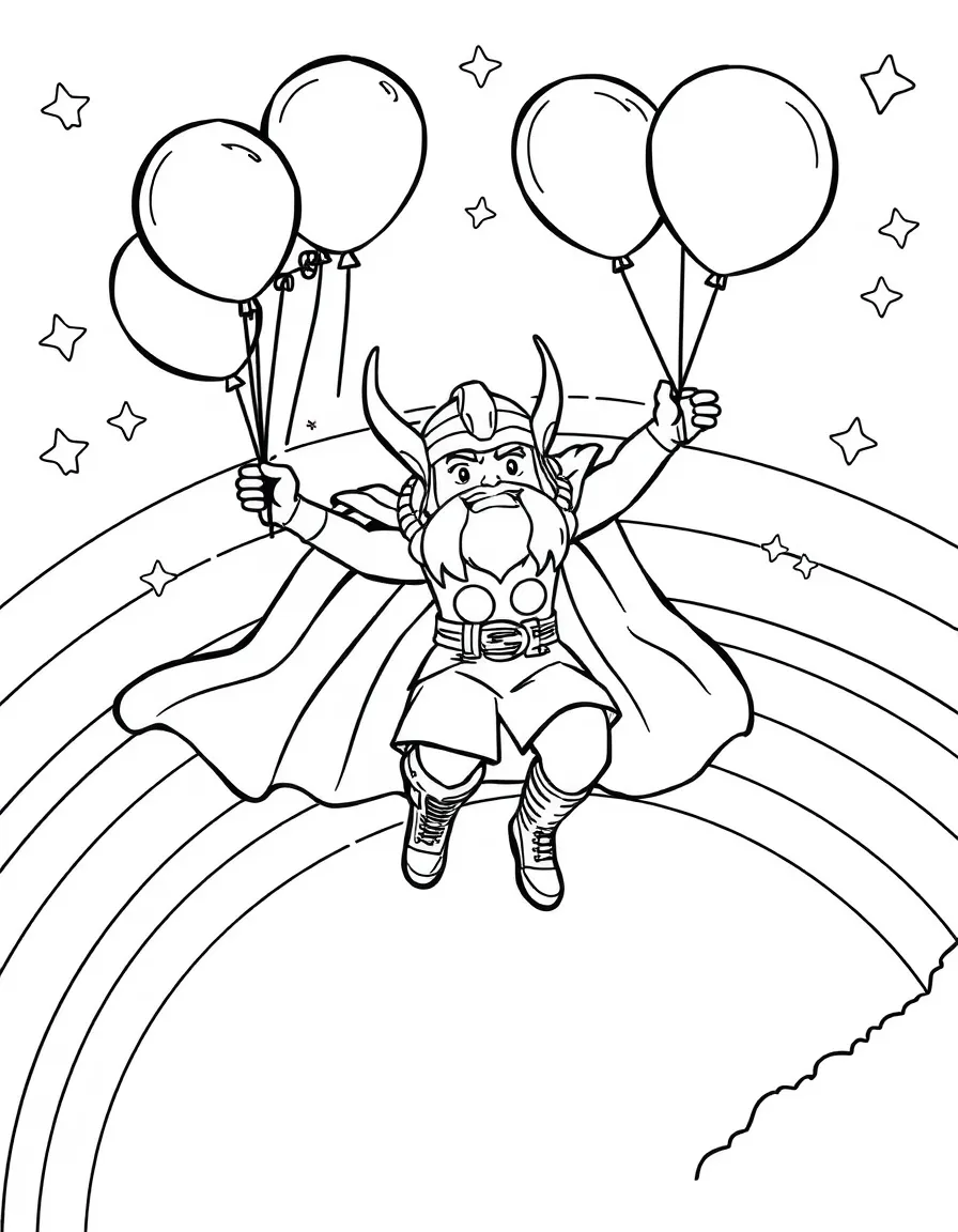 Thor flying with balloons, with stars and rainbows in the background.