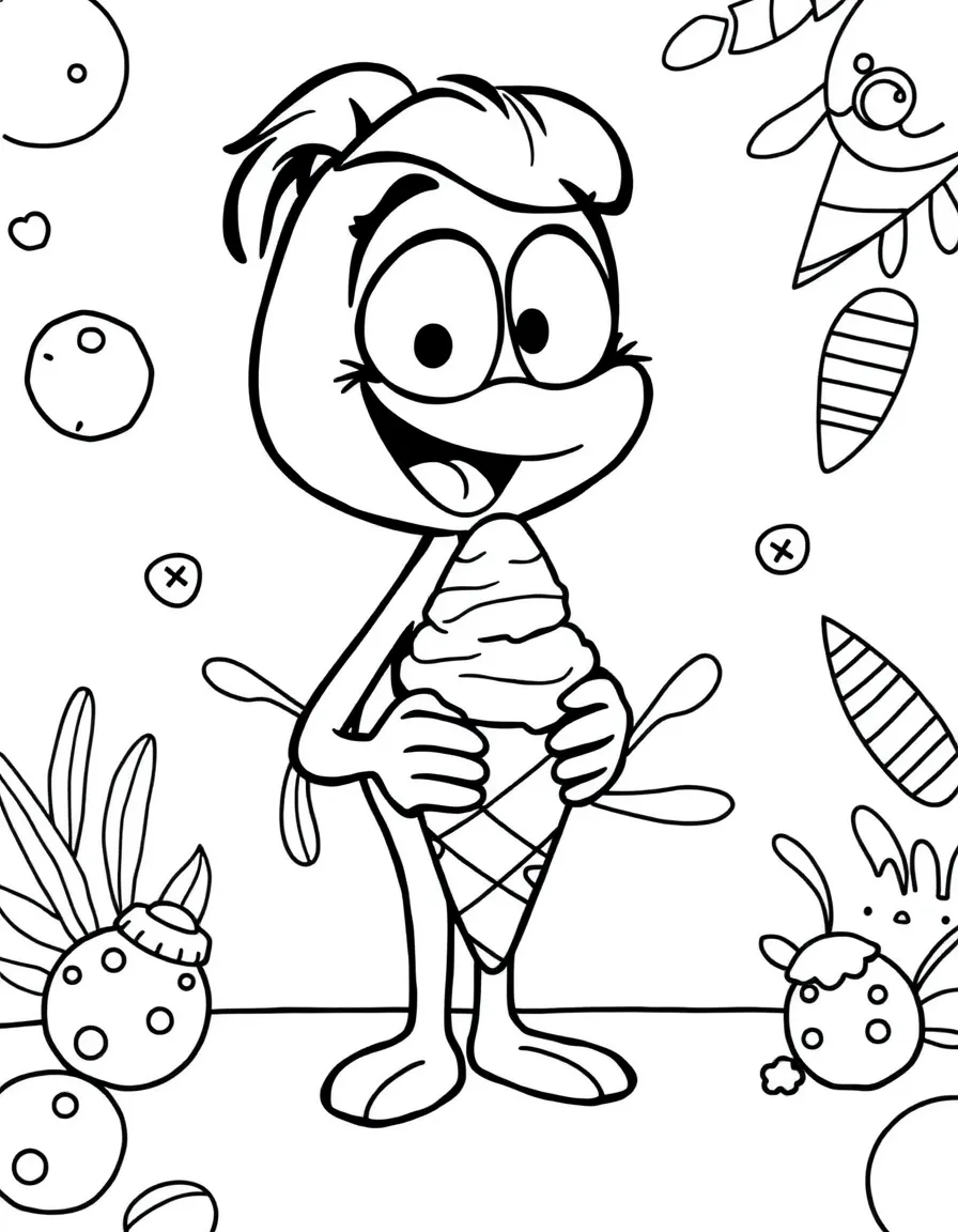 Olive Oyl enjoying an ice cream cone, with fun background elements.