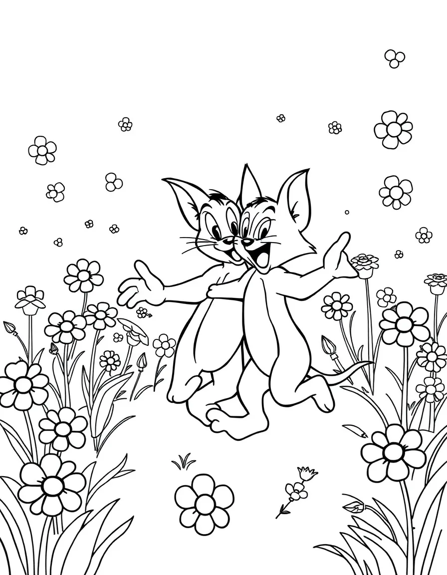Tom and Jerry dancing in a field of flowers, with playful patterns around.