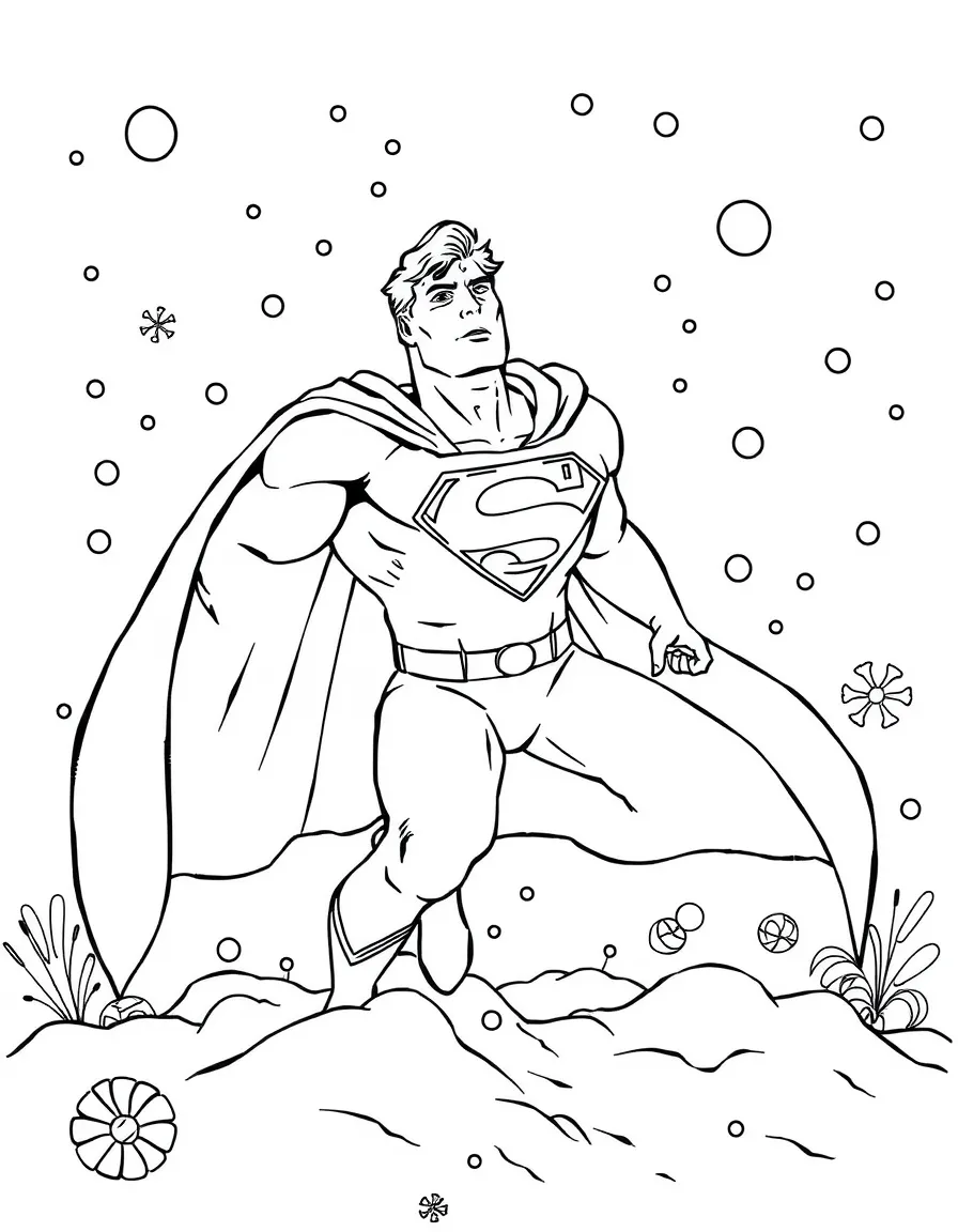 Superman playing in the snow, with playful patterns around.