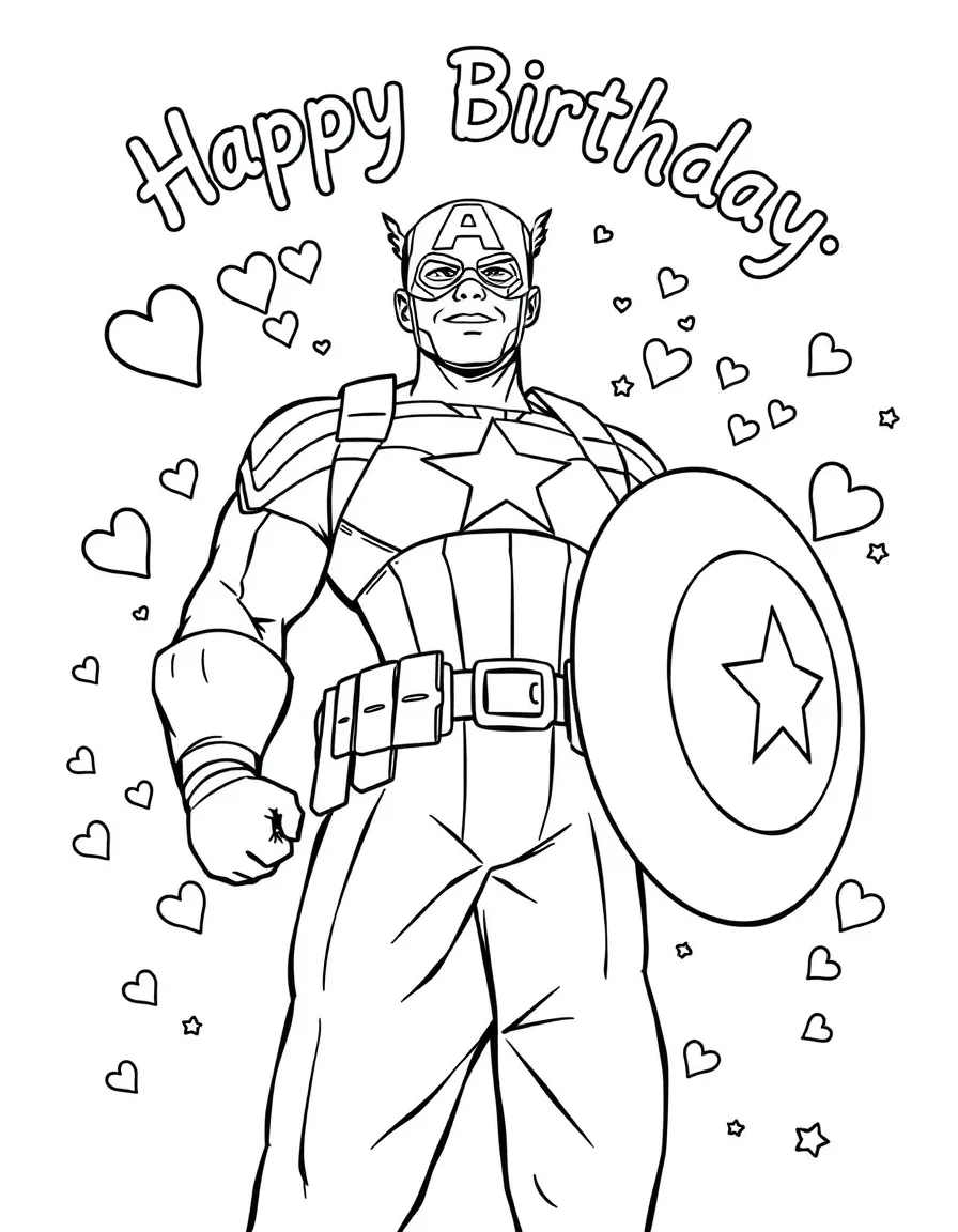 Captain America celebrating a birthday, with hearts and sparkles around.