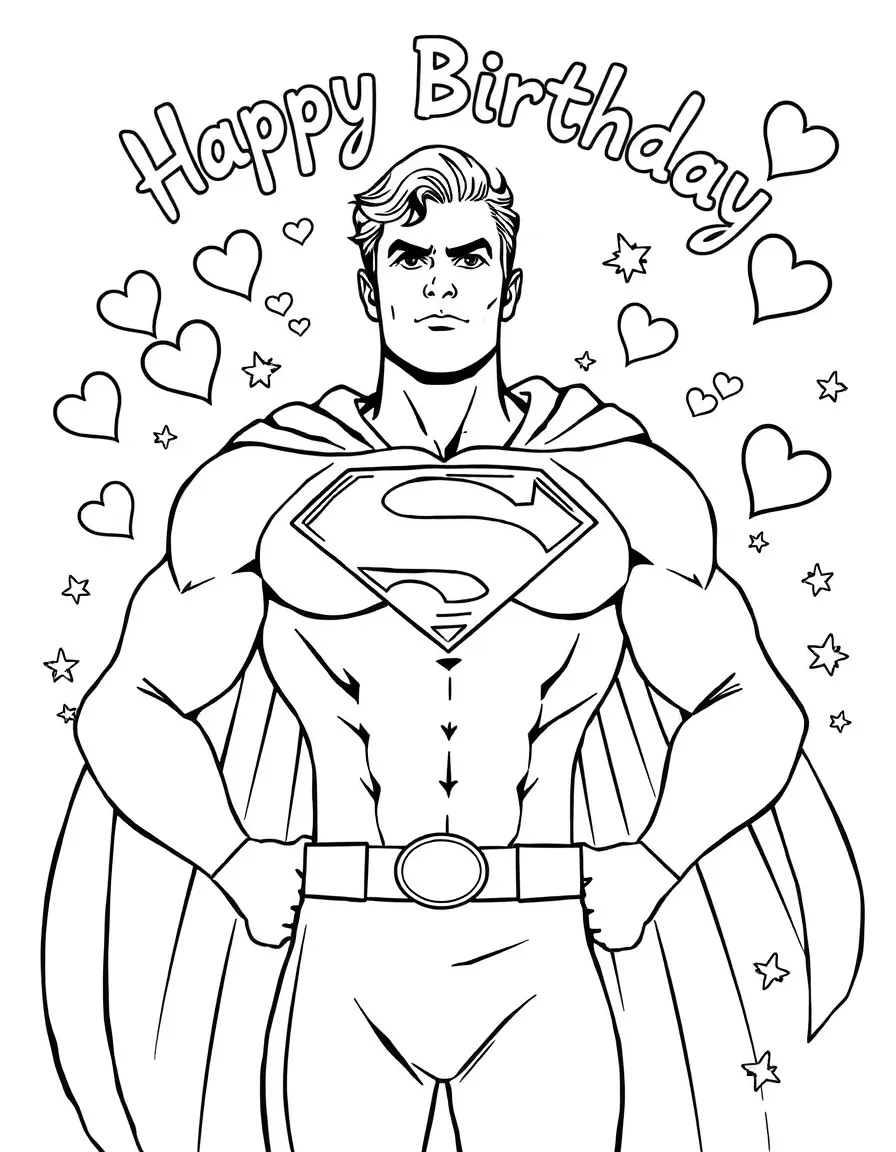 Superman celebrating a birthday, with hearts and sparkles around.
