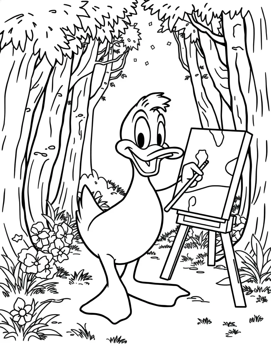 Daffy Duck painting a picture, in a magical forest setting.