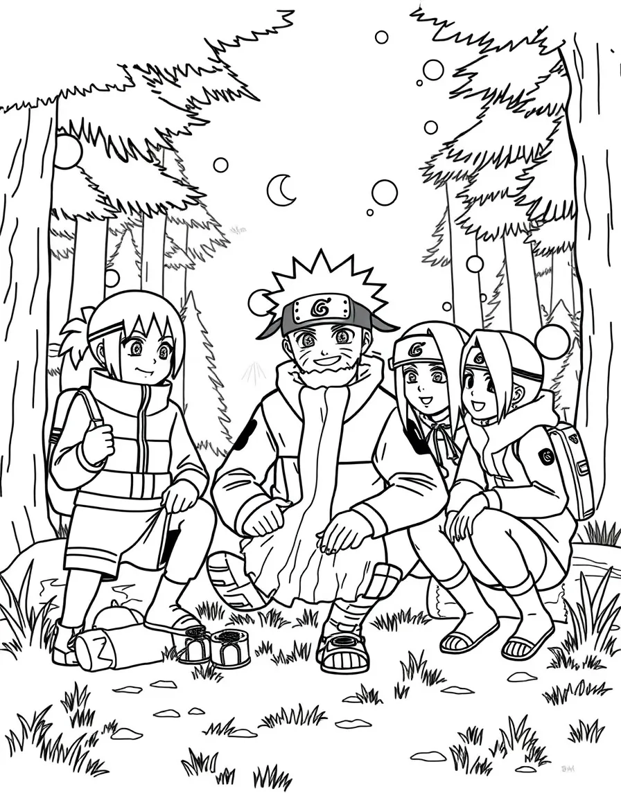 Naruto camping with friends, with big bold outlines for easy coloring.