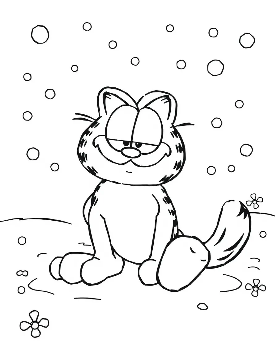 Garfield playing in the snow, with playful patterns around.