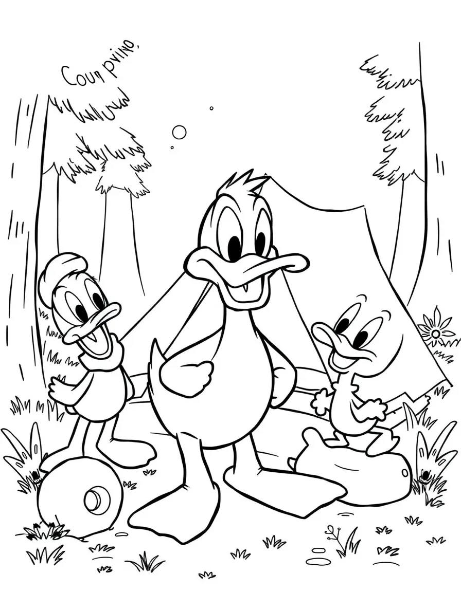 Daffy Duck camping with friends, with playful patterns around.