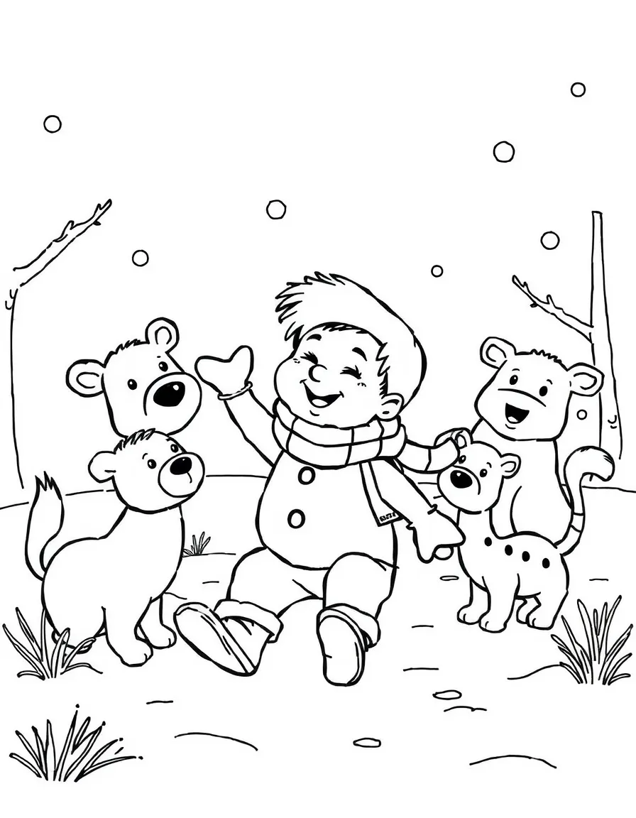 Fred playing in the snow, surrounded by friendly animals.