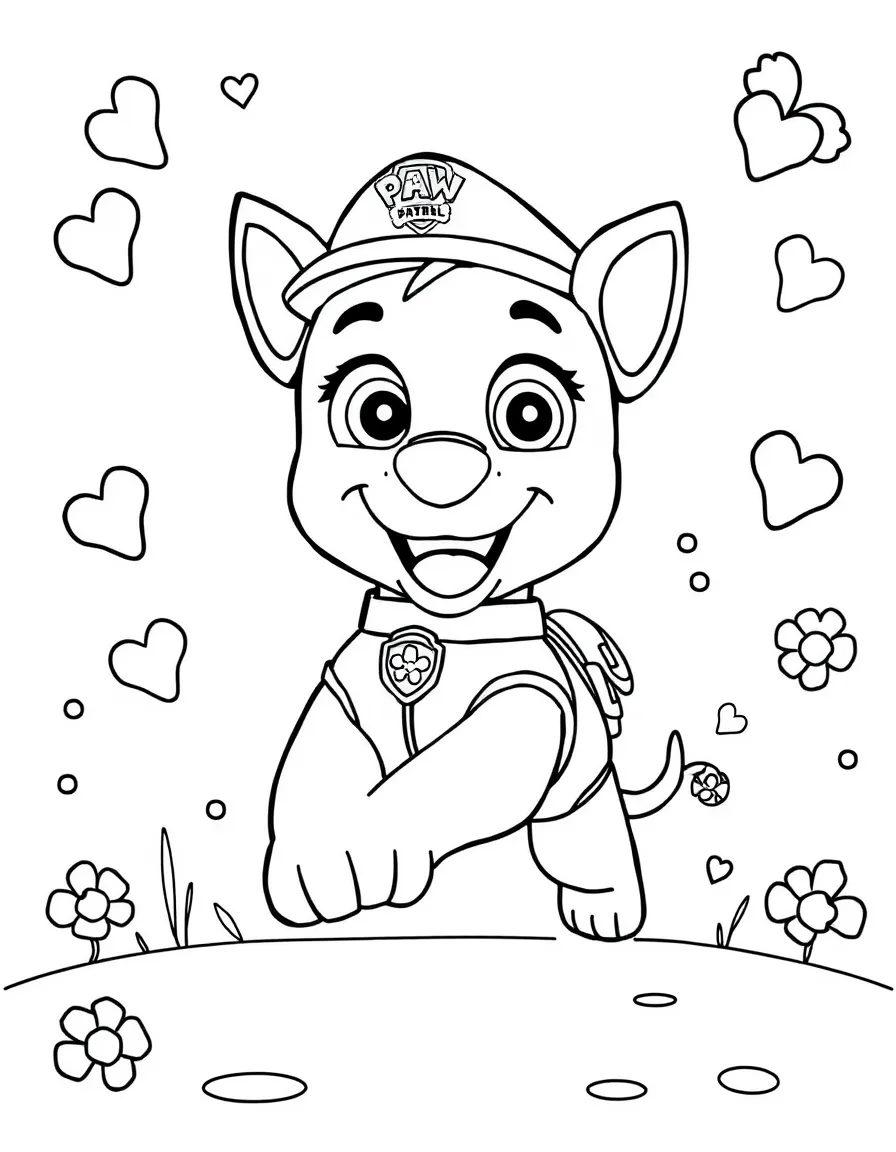 Paw Patrol jumping with joy, with playful patterns around.