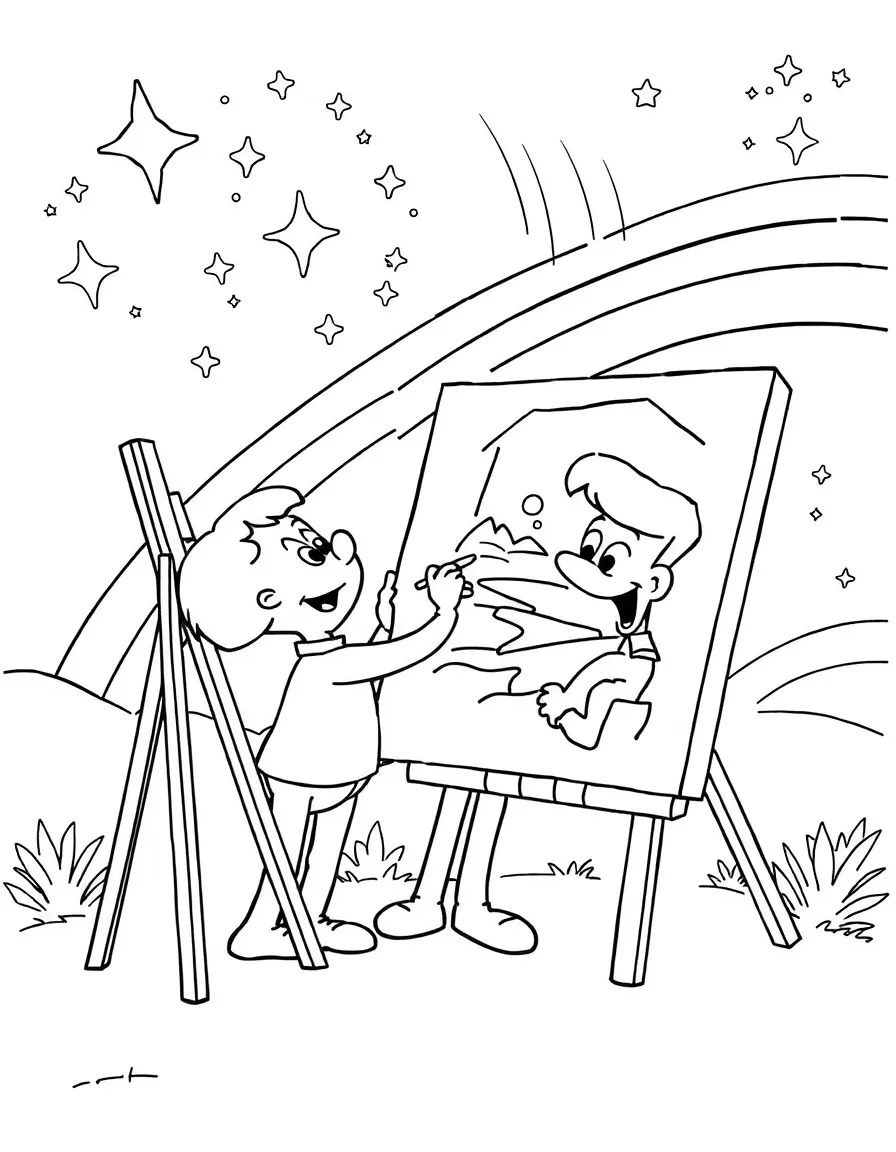 The Jetsons painting a picture, with stars and rainbows in the background.