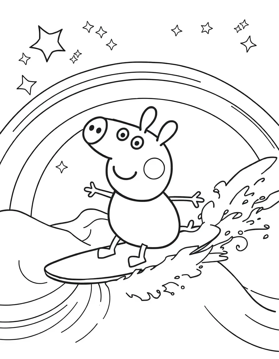 Peppa Pig surfing on waves, with stars and rainbows in the background.
