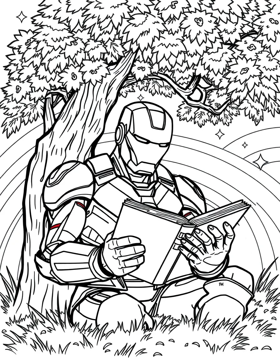Iron Man reading a book under a tree, with stars and rainbows in the background.