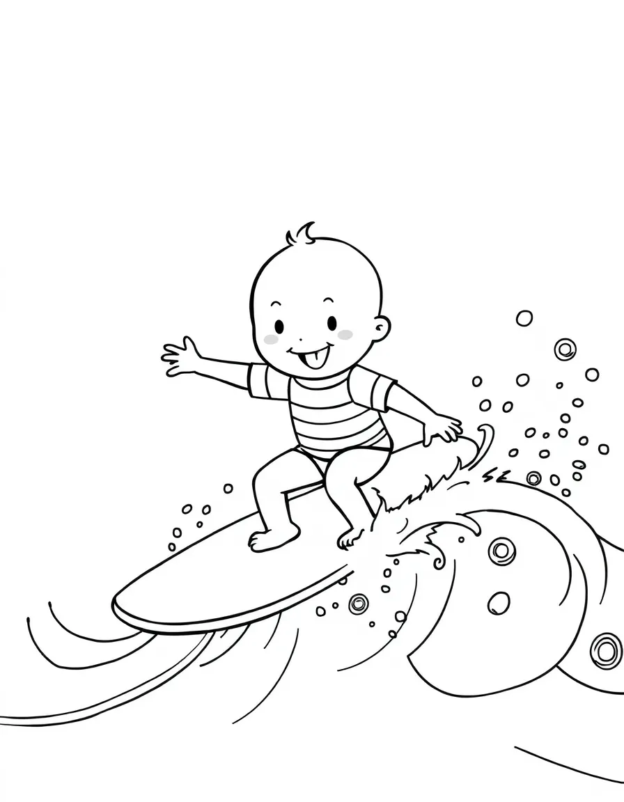 Caillou surfing on waves, with playful patterns around.