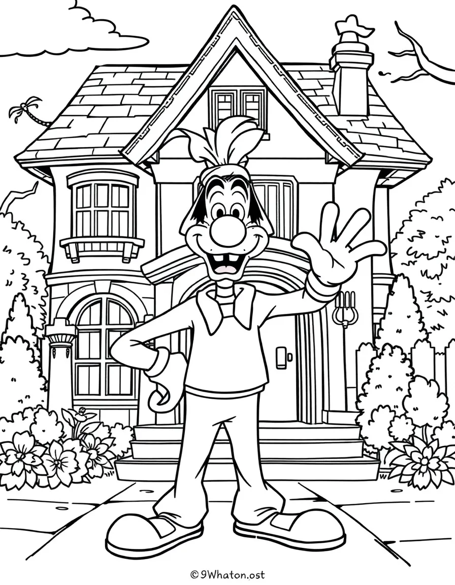 Goofy posing heroically, in front of their famous house or scene.