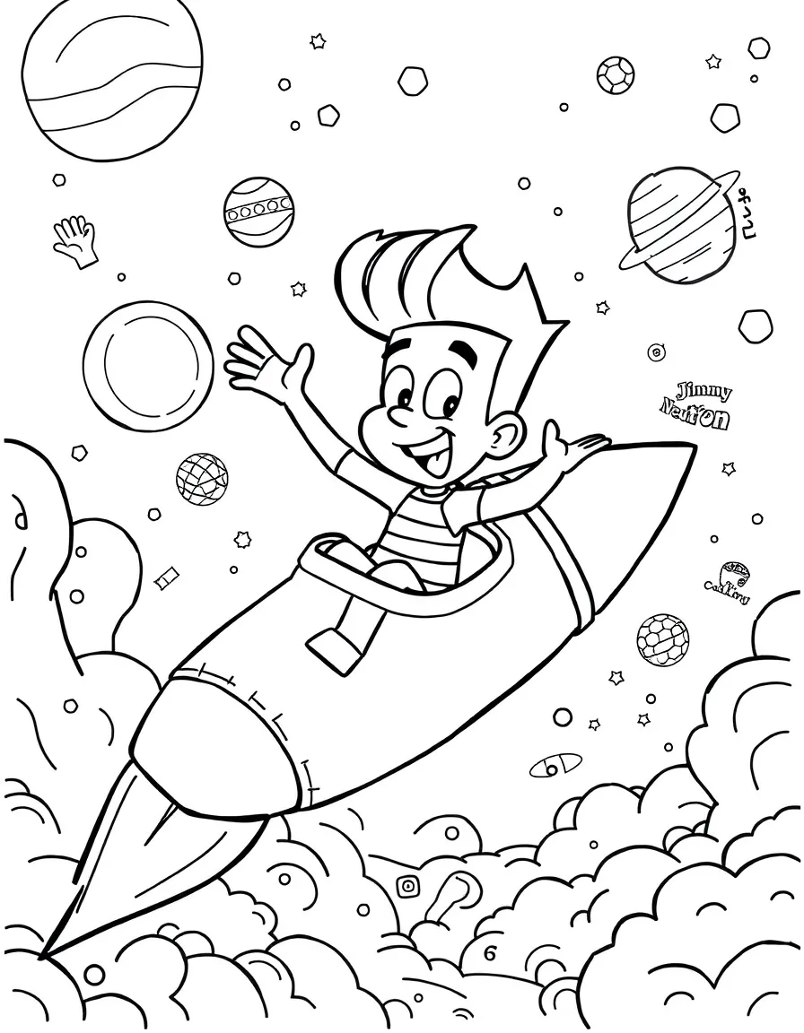 Jimmy Neutron exploring space in a rocket, with fun background elements.