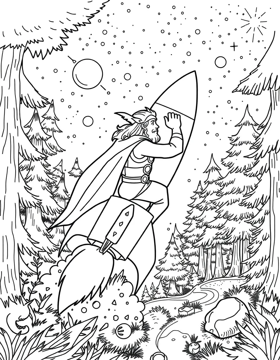 Thor exploring space in a rocket, in a magical forest setting.