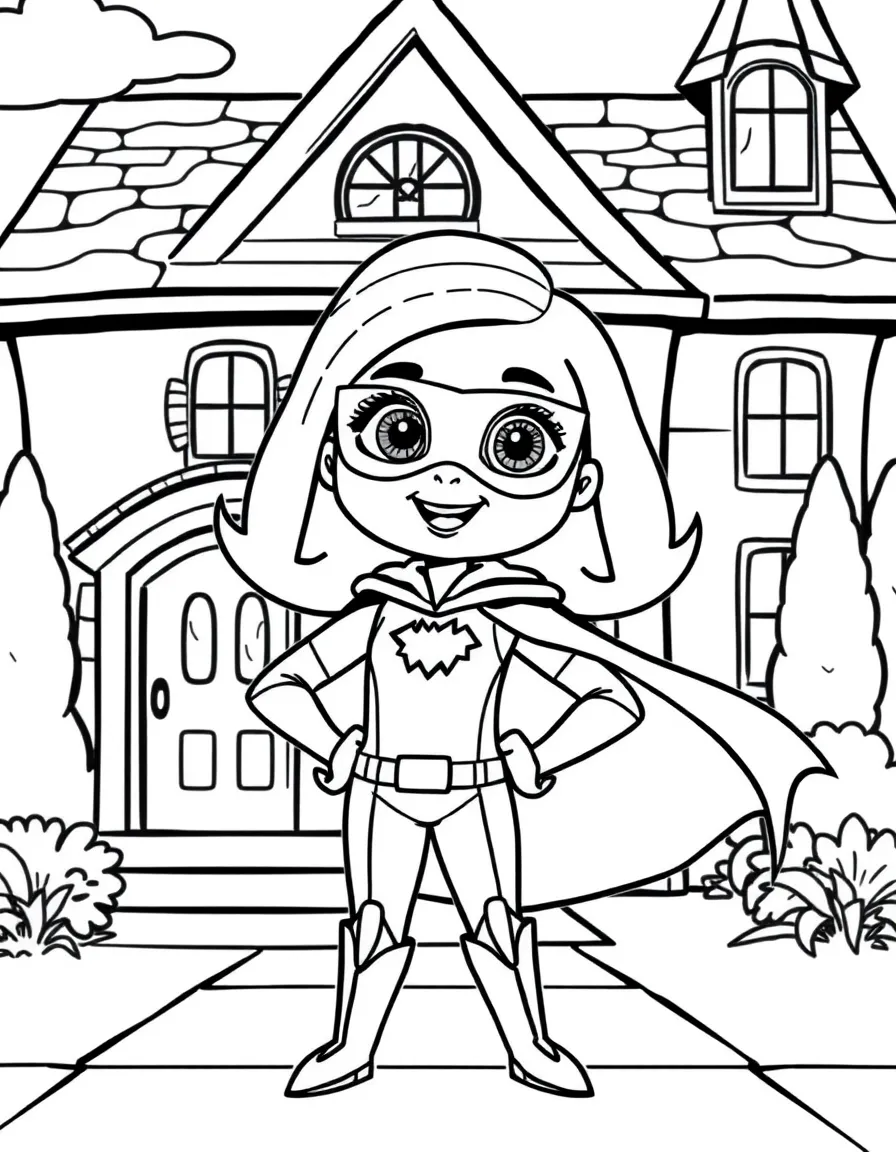 Kim Possible wearing a superhero costume, in front of their famous house or scene.