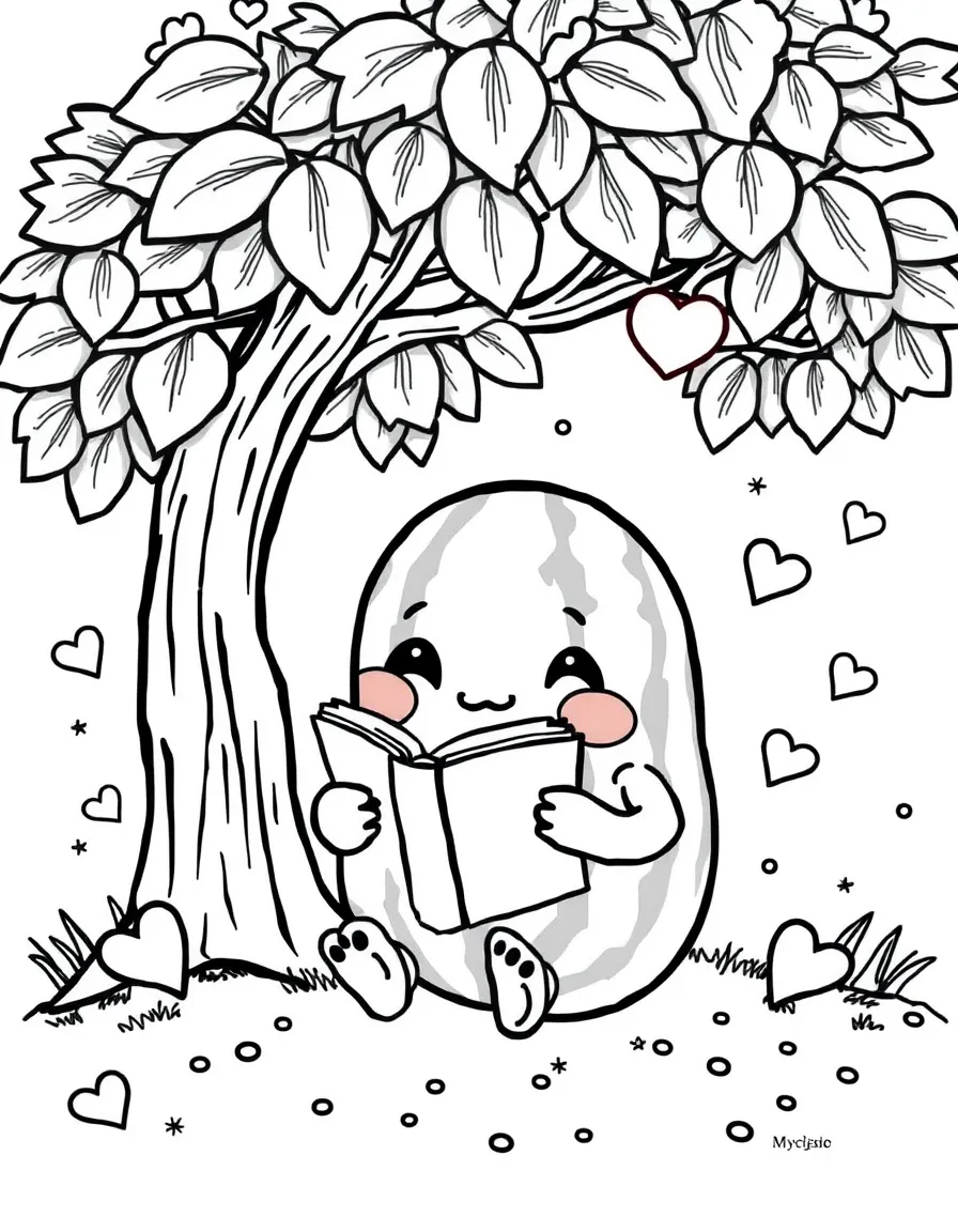 Cocomelon reading a book under a tree, with hearts and sparkles around.