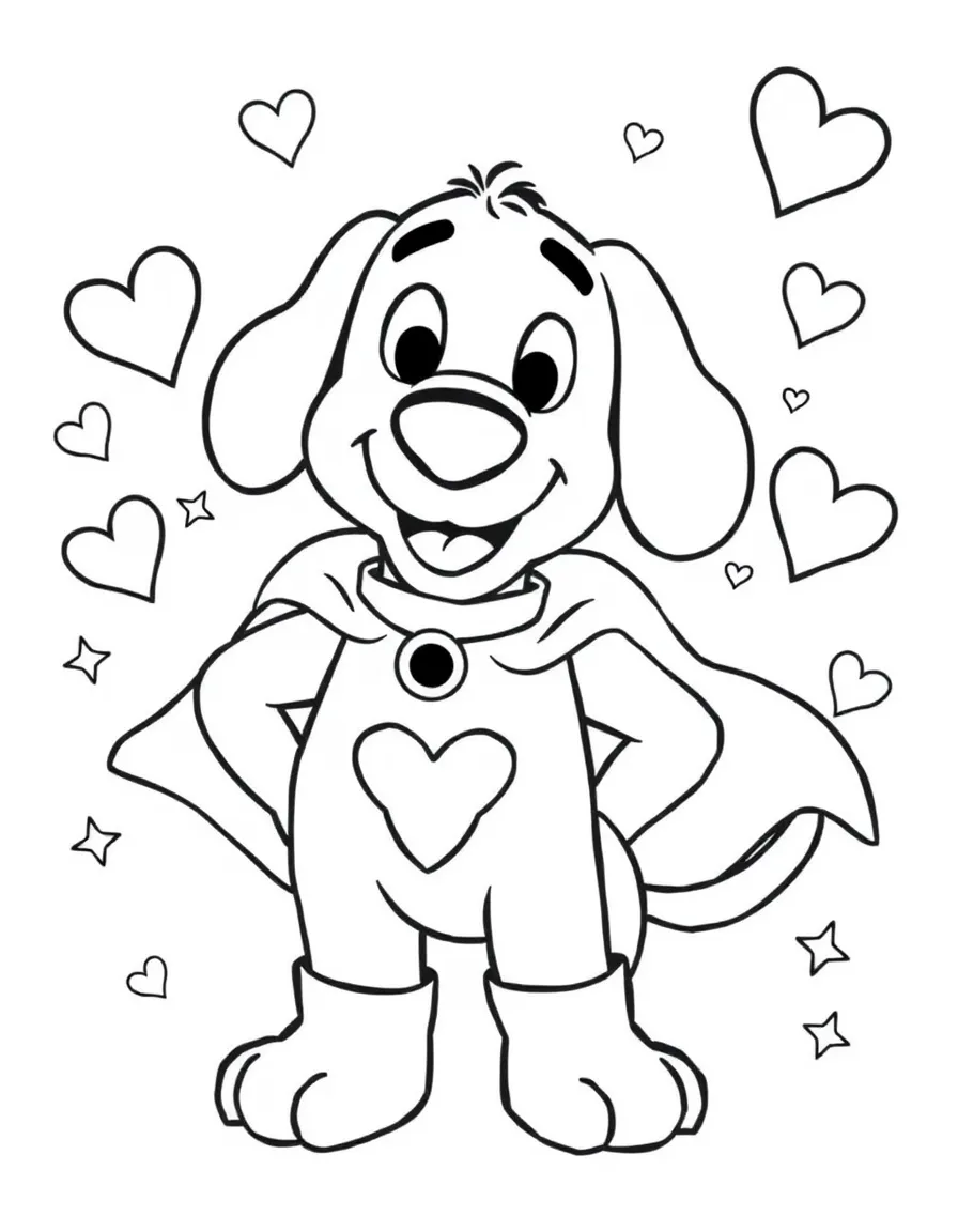 Clifford the Big Red Dog wearing a superhero costume, with hearts and sparkles around.